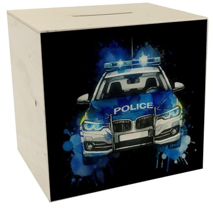 speecheese Spardose aus Holz Polizeiauto Polizei Streifenwagen | Einsatzfahrzeug mit Blaulicht Signallicht Notfall Auto Geldbox
