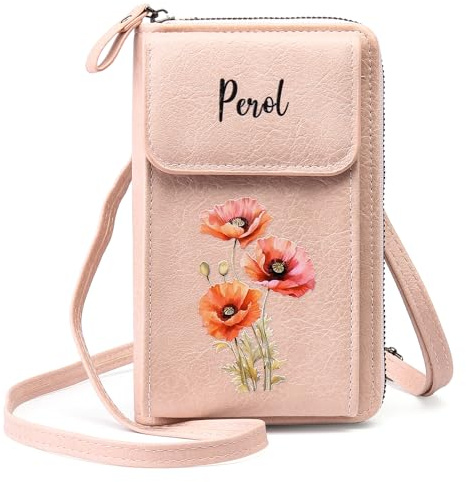kaululu Umhängetasche Damen Personalisierte Kleine Umhängetasche Damen mit Namen Geburtsblume Handytasche zum Umhängen Crossbody Bag mit Verstellbaren Handy Umhängetasche für Mama