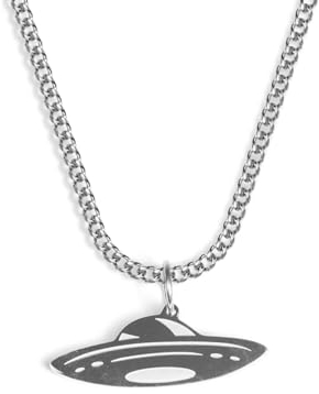 UNSHINEBAR Ufo Kette mit Anhänger für Herren und Damen - Streetwear Cuban Halskette mit Astro Ufo Alien Anhänger aus Edelstahl und 18K Gold - Wasserfeste Kette - 50-55cm Länge verstellbar (Silber)