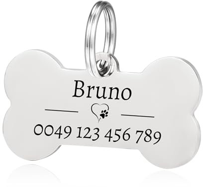 Knochen Hundemarke mit Gravur - Edelstahl Hundemarke mit Name, Telefonnummer - Silber Hundemarke personalisiert mit Symbolen Dog Tag Namensschild für Halsband und 2 Schlüsselringe