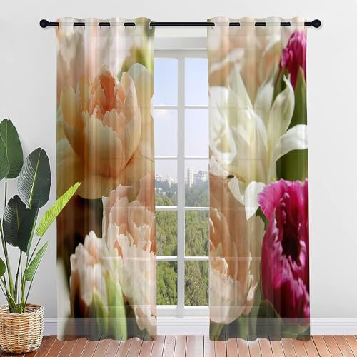 Surwin 2 Stück Gardinen mit Ösen, Blumen Druck Vorhänge, Modern Transparent Vorhänge Wohnzimmer Polyester Gardinen Küche Fenster Wohnzimmer Schlafzimmer (80x115cm,Bunt)