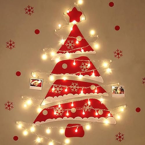 XUBX Albero di Natale a ramoscelli con luci LED, Albero di Natale illuminato a parete con struttura in legno, Albero di Natale a scala decorato con Babbo Natale e campane