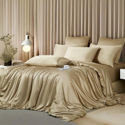 Boqingzhu Bambus Bettwäsche 200×200cm Gold Khaki Uni Einfarbig Einzelbett Luxus Lyocell Seide Bettwäsche Set Bettbezug mit Reißverschluss und 2 Kissenbezüge 80x80cm