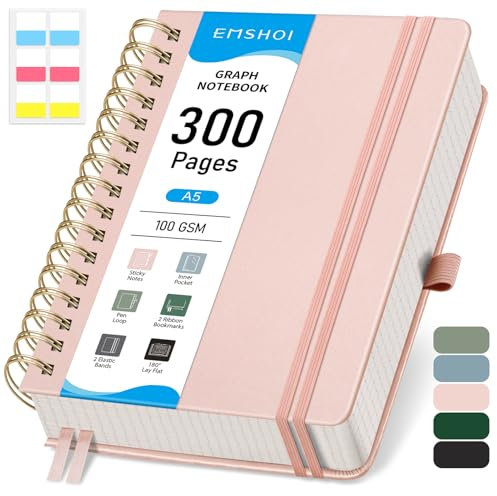 EMSHOI A5 Graph Paper Notebook, Spiral Notepad 150 Sheets/300 Pages, 100gsm, Hardback, Sticky Notes, Pocket, Pen Loop, Ruler, Bookmark, Squared Journal for Women Men Writing, 14.5 x 21cm, Rose Gold