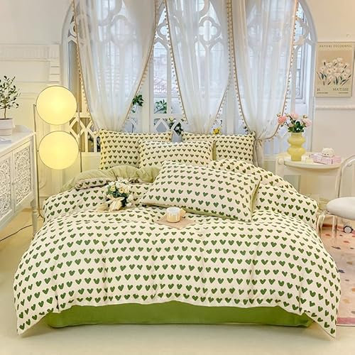 Freyamy Housse de Couette Amour 240x260 Vert Amour Parure de lit 2 Personne en Microfibre avec Fermeture Éclair Réversible Sets de Housse Couette avec 2 Taie d'oreiller 65 x 65cm pour Filles Enfants