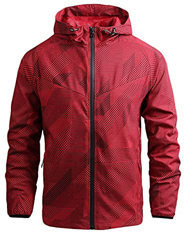 YIzdegg Veste de pluie pour homme - Couleur unie - Avec capuche - Imperméable - Coupe-vent - Décontractée - Manchettes raglan - Veste d'été légère - Veste de pluie de vélo, rouge, L