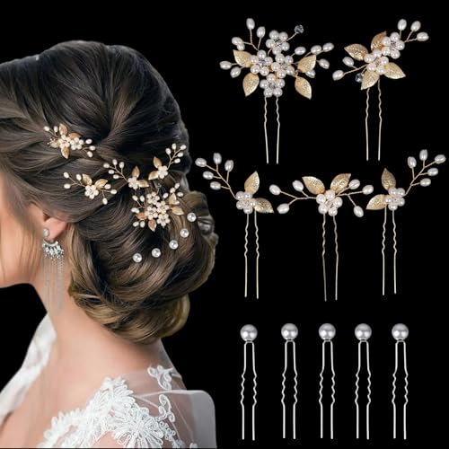 Lot de 10 épingles à cheveux dorées pour mariée avec perles et fleur, épingles à cheveux en forme de U pour mariées, demoiselles d'honneur, filles et femmes