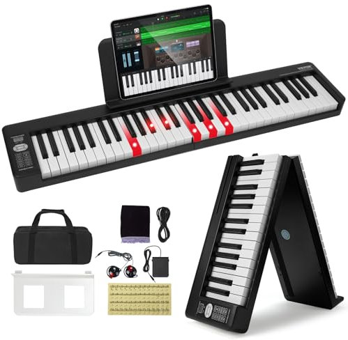 VEVOR Teclado de Piano Plegable 61 Teclas Bluetooth y MIDI Piano Electrónico Digital Portátil con Pedal de Sostenido Teclas Iluminadas Recargable para Principiantes, Adolescentes, Adultos, Negro