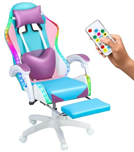joukares Gaming Chair with RGB LED Lights, Ergonomic Computer Chair with Massage and Footrest, Height Adjustable Reclining Video Game Chair for Adult Purple