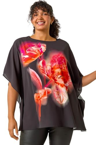 Roman Originals Overlay Top for Women UK - Ladies Summer Blouse Spring Everyday Holiday Autumn Work Winter Round Neckline Comfy Pull-On Soft Vacation 3/4 Length Sleeves - Red Black Plus - Size 20
