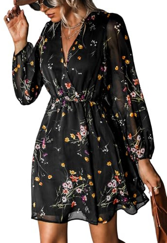 CUPSHE Women's Floral Print Chiffon A-Line Mini Dress Long Peasant Sleeves Elastic Autumn Dress Black Ditsy L