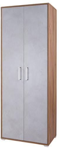 Armario zapatero de madera grande con 2 puertas con estantes interiores, patas y asas (nogal claro puertas de cemento claro)