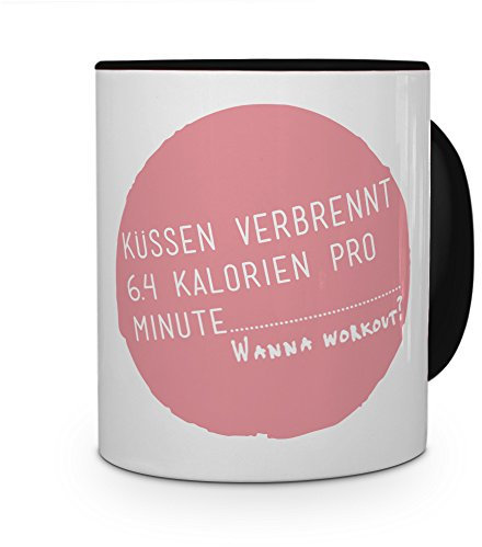 Tasse mit Spruch: Küssen verbrennt 6.4 Kalorien pro Minute… Wanna Workout? - Kaffeebecher, Mug, Becher, Kaffeetasse - Farbe Schwarz