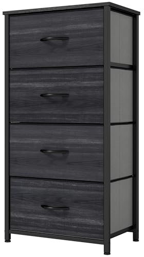 YITAHOME Kommode,Kommode mit 4 Schubladen,Schrank,Stoffschubladen mit Griffen,Metallgestell,Dauerhaft,Schwarze Holzmaserung