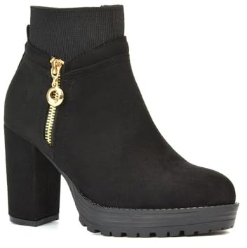 ESSEX GLAM Women's Heeled Boots Ladies Platform Block Heel Zip Deco Black Ankle Booties Size 3-8