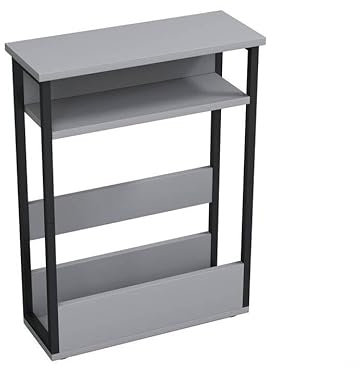 URBNLIVING Modern 3-Tier Slim Coffee Side Grey Table with Storage, Newspaper Magazine Shelf Rack, Skinny Compact Nightstand, Space-Saving Bedside Sofa End Desk for Small Spaces