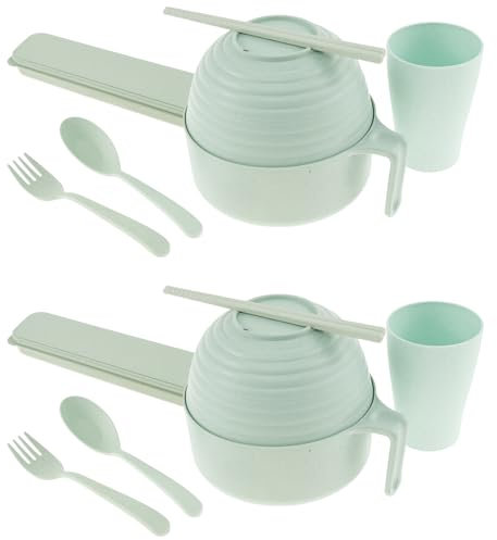 2 Set of Microwave Ramen Cooker Ramen Bowl Set with Handle Large Capacity Microwave Noodles Bowl Porridge Bowl, Portable Breakfast Pot with Spoon Fork Chopsticks Cup for Home, Office, College Dorm