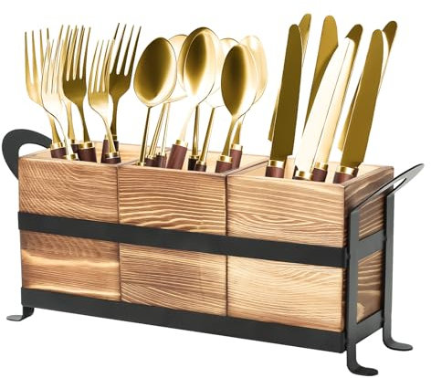 Yallmie 3 Compartiments Rangement Ustensiles Cuisine Pot, Porte-Couverts En Bois Porte-Ustensiles De Cuisine Avec Support En Fer Pot à Ustensiles De Cuisine En Bois Organisateur De Couverts