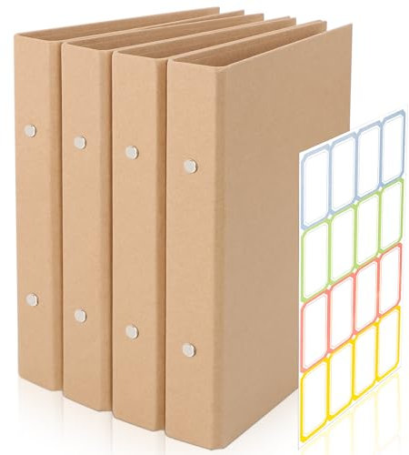 4 Stück Ringbuch A5, A5 Nachfüllbar Kraftpapier, Ringbuch Ordner mit 2 Ringe, 17.5x23.5 cm Ringordner, Kraftpapier-Binderschale mit 1 Aufkleber Beschriften für Reisetagebücher, Geschäftsbücher, Büros
