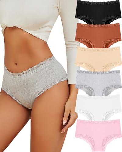 ALL OF SHE Lot de 6 Culotte Femme Coton Slip brésilien Culotte Dentelle Sexy Taille Mi-Haute Respirantes Lot Multipack S-XXL