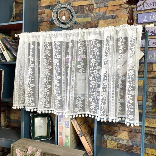 Jeeman Jacquard Bistrogardine mit Bommeln Weiß HxB 30x150cm 1 Stück | Skandinavischer Scheibengardine mit Tunnelzug Spitze Vorhang Retro Transparent Kurzstore mit Blumen Stickerei für Küche Café