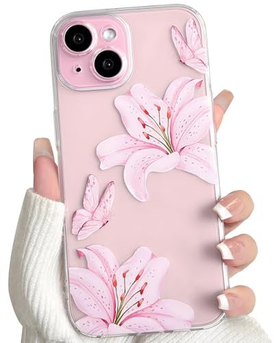 NITITOP Compatible with iPhone 13 Mini Case Clear Cute Flower Floral Lily Butterfly Pattern for Women Girls Transparent Full Camera Lens Soft TPU Shockproof Protective Phone Cover - Pink