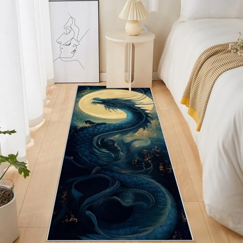 Meugesoi Chinesischer Drache Teppich Läufer 60x120 cm Orientalisch Mythische Tiere Carpet rutschfest Waschbar Bettumrandung Schlafzimmer, Teppichläufer für Küche, Flur, Eingangsbereich