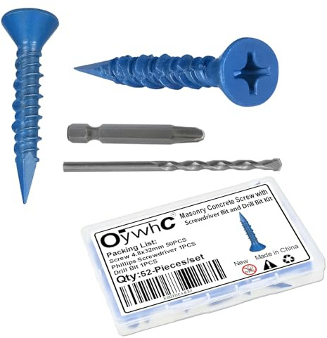OywhC Betonschrauben für Mauerwerk, 4,8 mm x 32 mm, mit Schraubendreher und Bohrer, spezielle blaue Beschichtung, flacher Senkkopf, konische Diamantspitze, Hoch-Low-Gewinde, für Mauerwerk, Beton