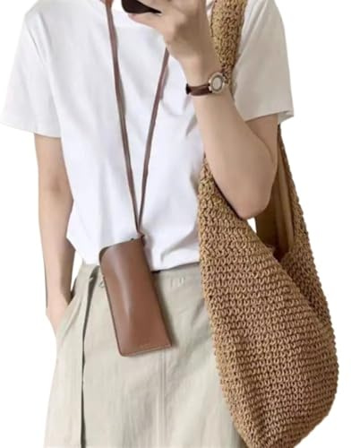 YGMNQAL Borsa portaocchiali in pelle PU con gancio for occhiali da appendere al collo, custodia sole, in tinta unita(Brown)