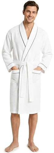 Bademantel Herren Teenager M–3XL, Baumwolle Bademantel Waffelpique, Leichter Saunamantel mit Gürtel und Taschen, Geschenke Für Männer