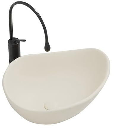 Lavabo in Ceramica da Appoggio per Bagno, Bacino Profondo con Rubinetto e Kit Scarico, Piccoli Lavandini Piano, Per Mobile Lavabo e Area Lavaggio(Natural)
