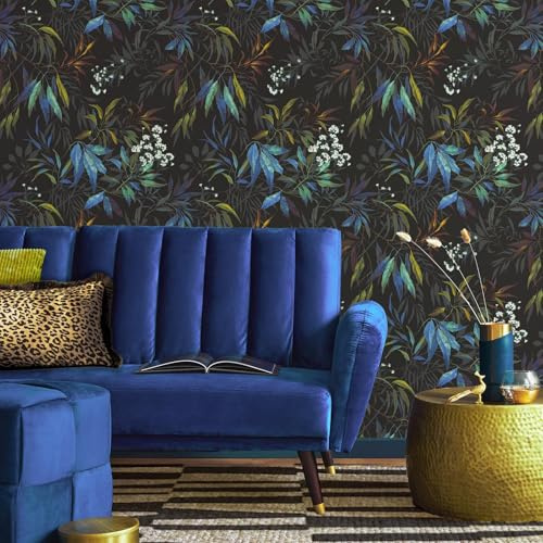SOPHIE LAURENCE Blue Willow Leaf Wallpaper Botanical Black and Teal Feature Wall Design Luxury Modern Nature Pattern for Lounge, Bedroom, or Living Room Decor 10M x 0.53M