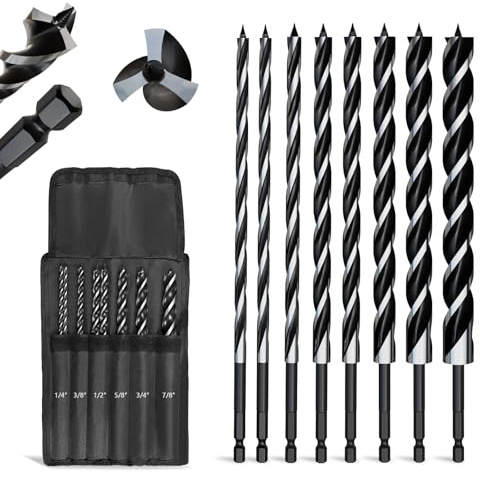 8PCS 12 inch Long Professional Auger Drill Bit for Wood with Quick Change 1/4 Hex Shank (1/4-7/8) - 3-Cutter Design with Tri-Flute for Fast Chip Removal, Fits Hardwood, Softwood, Drywall