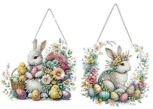 CXINLky Diamond Art Painting Ostern Anhänger mit Kette, Diamant Art Fensterbilder Wandbehang Kits für Fenster Wand Garten Decor-02-Osterhase