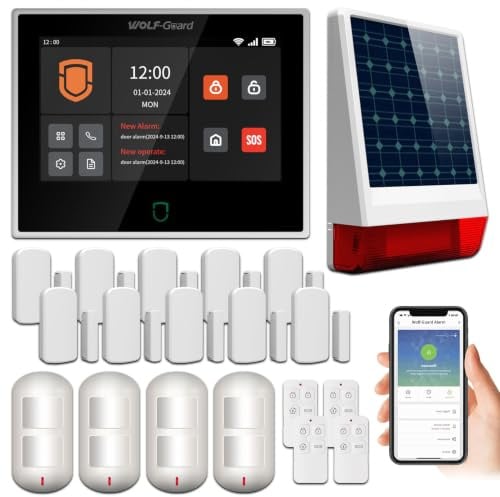 Wolf Guard WT4F WLAN 4G GSM Heimalarmanlage Plus, Alarmanlage Haus mit 7-Zoll-Touchscreen, kabelloser Solar-Außensirene, Bewegungsmelder, Tür-/Fenstersensor und Tuya Smartlife App