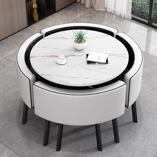 VTELGT Runder Esstisch mit 4 Stühlen, Essgruppe 5-Teilig Komplettset, Küchentisch Sitzgruppe für für Küche, Esszimmer, Wohnzimmer und Büro, 4-6 Sitzplätze (Black and White Round)