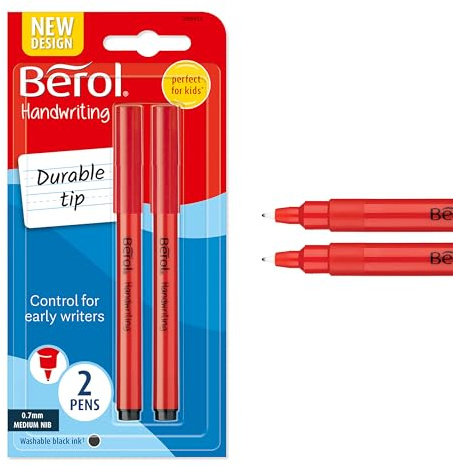 Berol Handwriting Pens | Round Shape is Easy to Hold | Washable Black Ink | Bright Barrels | 2 Count