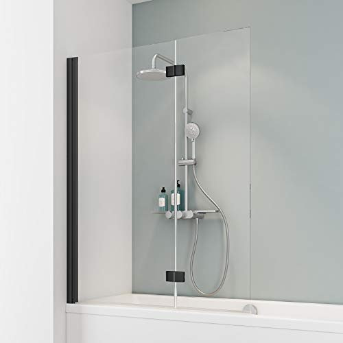 Schulte pare baignoire 104 x 130 cm, profilé charnières noir, 2 volets (63+41) mobiles réversibles pivotant, 180° contre le mur, verre de sécurité 5 mm transparent, joint d'étanchéité