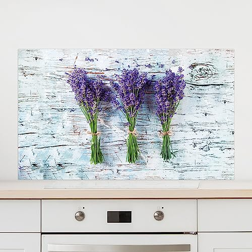GRAZDesign Spritzschutz Küche Glas Lavendel Grau Holz, Küchenrückwand Glas für Herd und Spüle, Rückwand Küche Glasplatte mit Motiv, 80x60cm