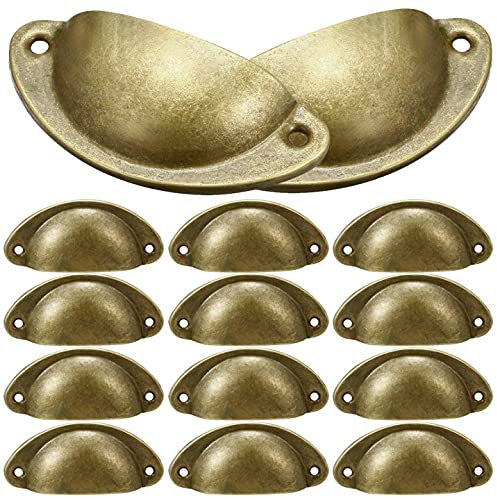 NALCY 12PCS Poignée de Coquille Vintage, Bouton de Porte, Poignée de Meuble, Rétro Poignées de Porte en Fer Avec Vis pour Meuble Tiroir Armoire Cuisine Placard, Bronze jaune