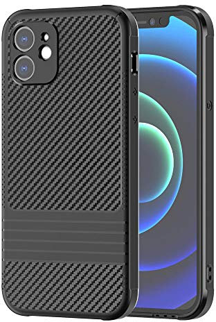 TECHGEAR iPhone 12 Mini Case, Premium Slim Black Carbon Fibre Design Soft Flexible Protective Case [Corner Edge Protection] [Raised Bevel] Case Cover Designed for iPhone 12 Mini 5.4