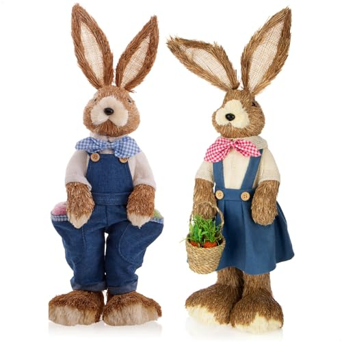 com-four® 2X XXL Stroh Osterhase handgemacht - 58 cm Deko-Osterhase zur Osterdekoration - Dekofiguren für Ostern - Deko-Hase süßes Hasenpaar - Hasenfiguren (02 Stück 58cm Frau+Mann)
