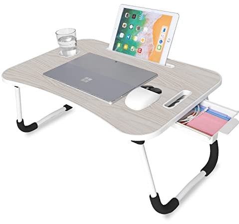 unycos - Betttablett Klappbar, Frühstückstablett mit Griff und Getränkehalter, Serviertisch, Ideal für Lesen und Arbeiten, Auch als Lapdesk Verwendbar 60x40x26 cm (Holz mit Schublade)