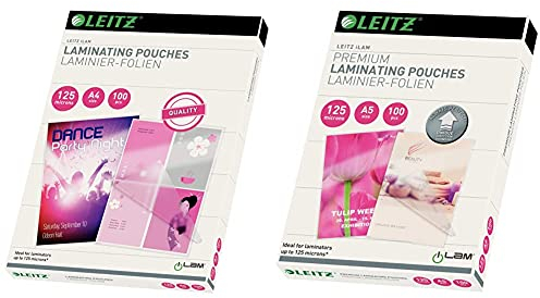 Leitz Heißlaminierfolien A4 125 mic, 100er Pack, 33808 & Heißlaminierfolien A5 125 mic, Laminierfolien in Premium-Qualität im 100er Pack, Glänzend, Transparent, Vereinfachtes Einlegen durch UDT, iLAM