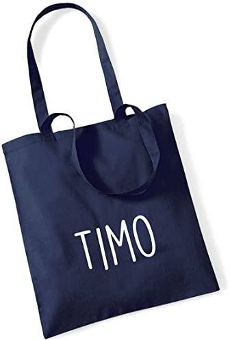 Jutebeutel bedruckt mit Name groß | Stofftasche Baumwolle inkl. Namensaufdruck für Jungen & Kinder | Personalisierter Kinderbeutel Tragetasche für Krippe, Kindergarten, Schule (dunkelblau)