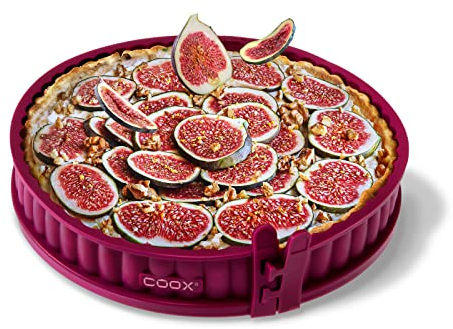 coox Moule à quiche avec fond en verre de 26 cm de diamètre, rouge foncé, cuire parfaitement et servir et couper directement sur le fond du verre
