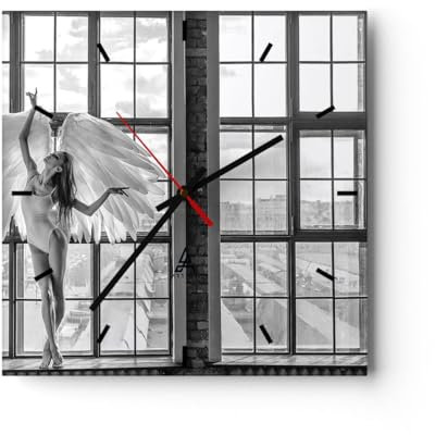 Modern Wanduhr Frau Engel Ansicht 30x30cm Quadrat Klein Wand Uhr Glas Analog Zimmeruhren Küche Büro Wohnzimmer Glasuhr Wall Clock Dekoration Design Wanddekoration Küchenuhr C3AC30x30-4214