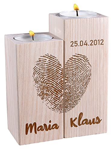 Kerzenhalter 2er-Set aus Holz mit Wunschgravur - Motiv: Herz Fingerabdruck - personalisiert - nachhaltiges Hochzeitsgeschenk - robuste Dekoration - Hochzeit, Jahrestag - Geschenk für Paare