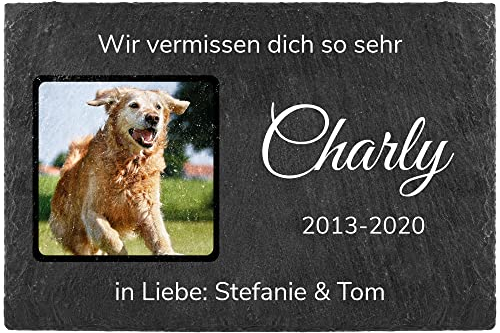 PfotenSchild Schieferplatte Gedenktafel für Hund & Katze - mit Foto, Name und Wunschtext selbst gestalten - Tiergrabstein, wetterfest - Schiefertafel 20x30cm I personalisiert