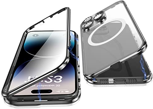Jonwelsy Hülle für iPhone 14 Pro, 360 Grad Beidseitig Schutz Kompatibel mit Magsafe Magnetische Adsorption Metallrahmen Case Vorne Glas Hinten Frosted PC Cover Handyhülle für 14 Pro 6,1 (Schwarz)